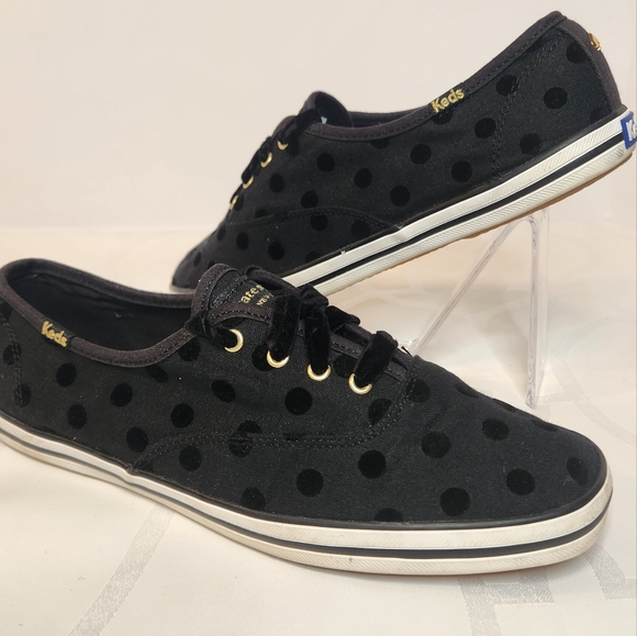 Keds Kate Spade Collab Black Polka Dot On Black Gold Trim Velvet Lace Shoe Sz 8 - Picture 1 of 9
